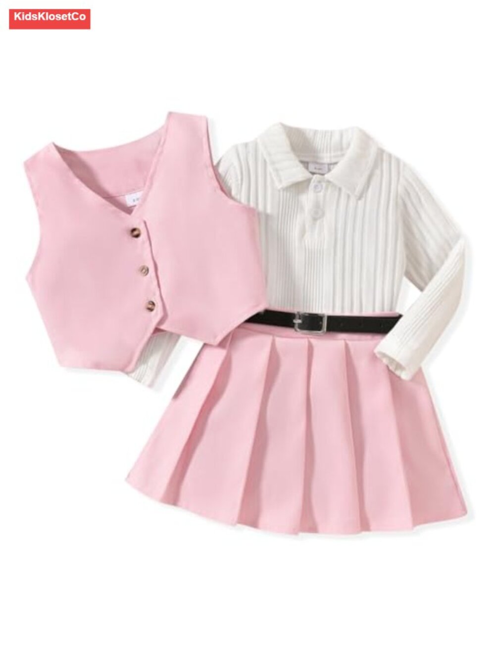 Toddler Girls 3-Piece Pleated Skirt Set Knit Top Vest Fall School Outfit